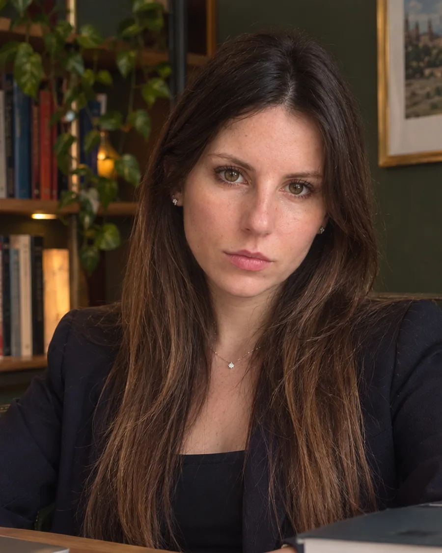 Luciana, online Italian teacher, at her desk with books